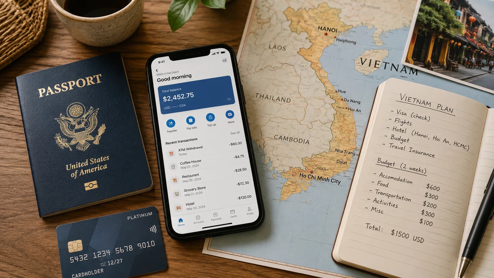 Passeport, carte bancaire et application mobile pour préparer l’ouverture d’un compte personnel au Vietnam.