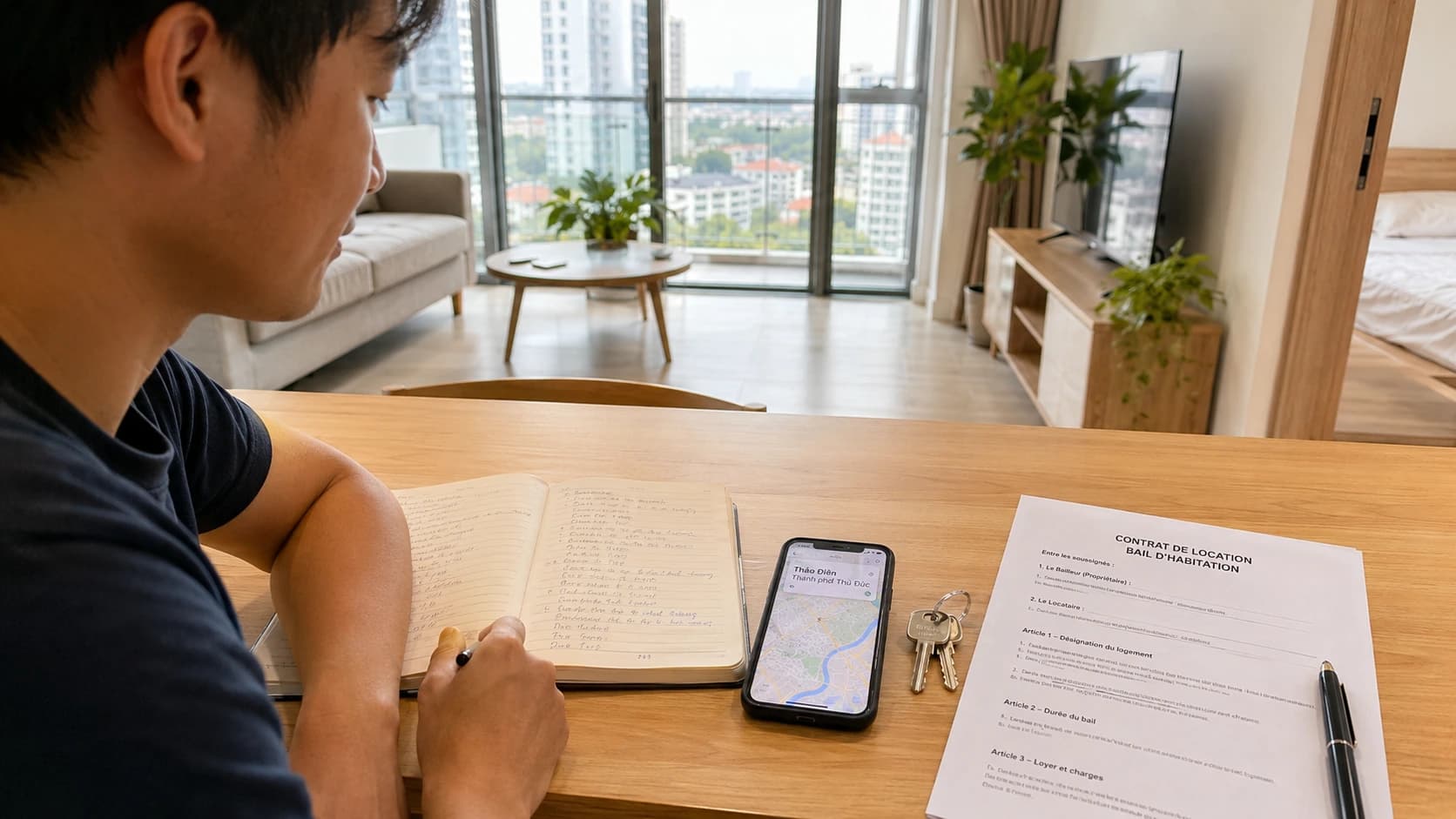 Recherche de logement au Vietnam avec clés, carte du quartier, checklist de visite et contrat de location.