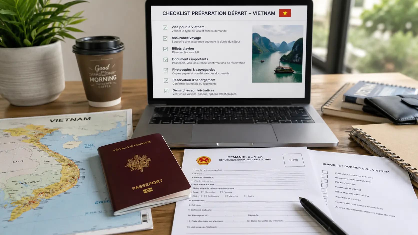 Documents de visa, passeport et carte du Vietnam pour préparer une installation dans le pays.