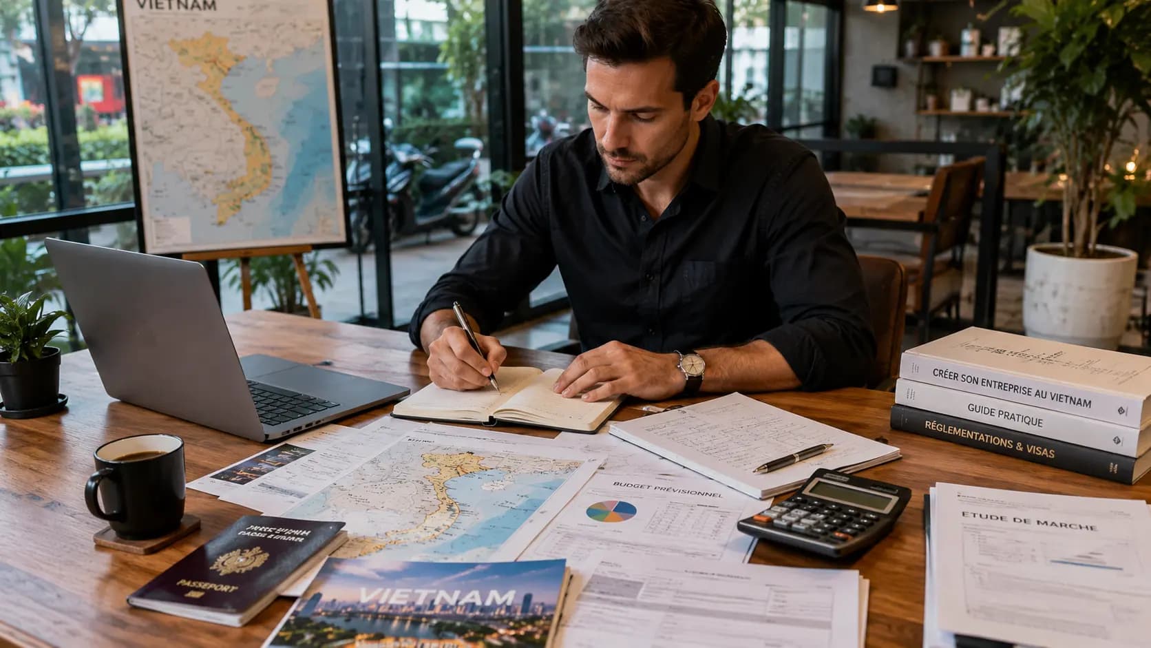 Entrepreneur préparant la création d’une société au Vietnam avec documents administratifs, passeport et ordinateur.