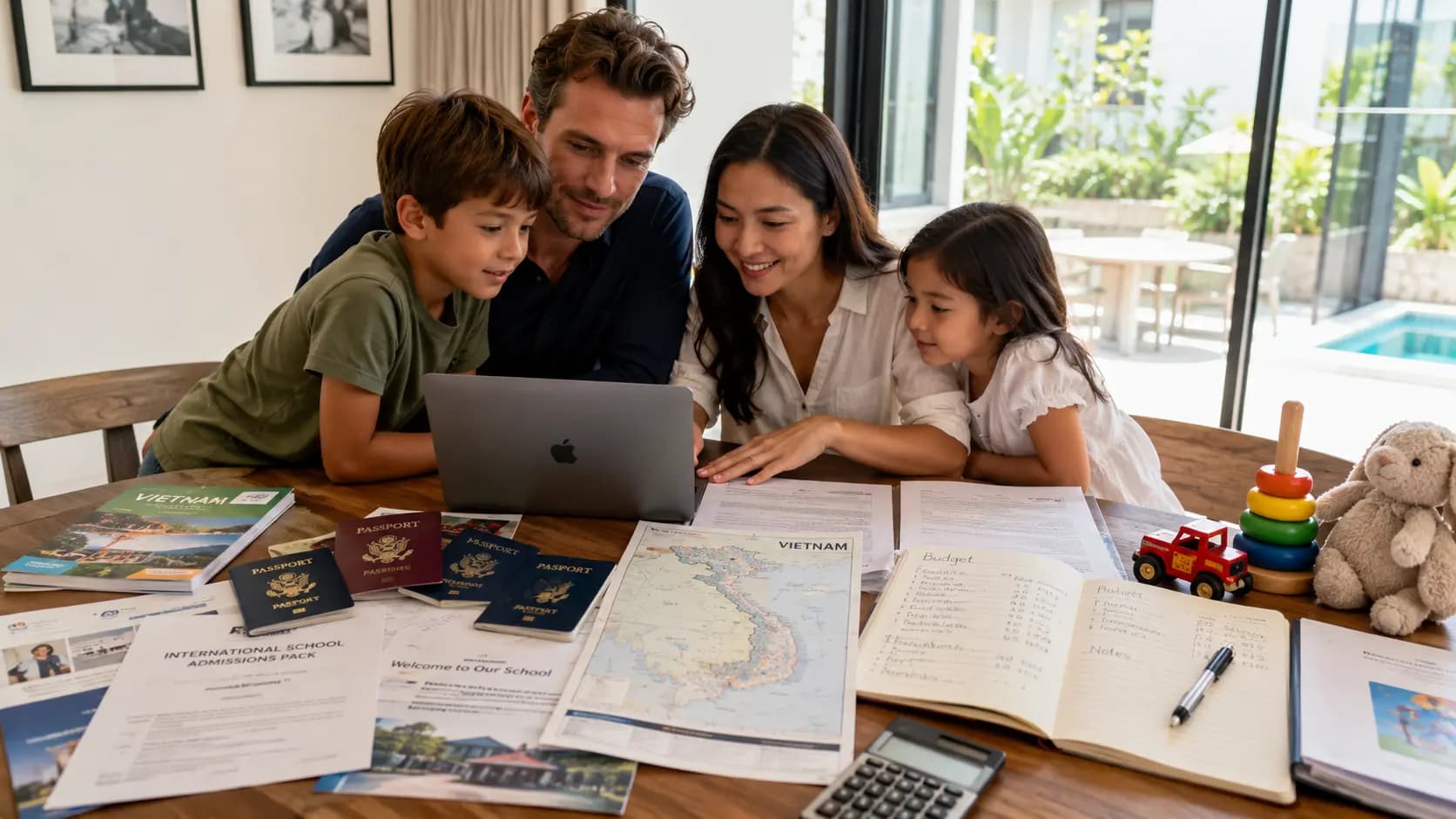 Famille préparant une installation au Vietnam avec passeports, documents scolaires, assurance santé et carte du pays.