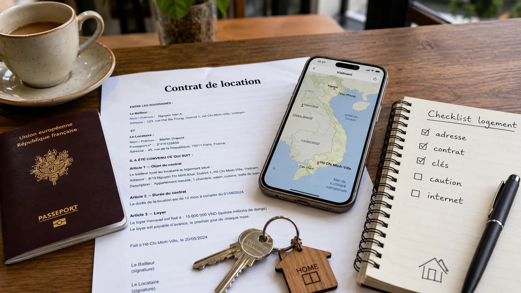 Clés, contrat de location et passeport pour choisir un logement temporaire ou un bail long terme au Vietnam.
