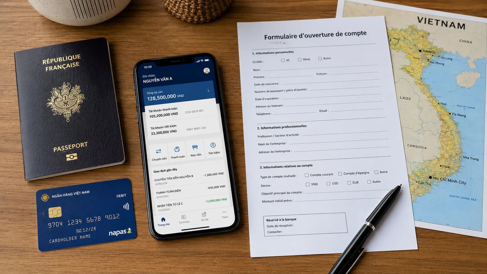 Passeport, visa, carte bancaire et application mobile pour ouvrir un compte bancaire au Vietnam.