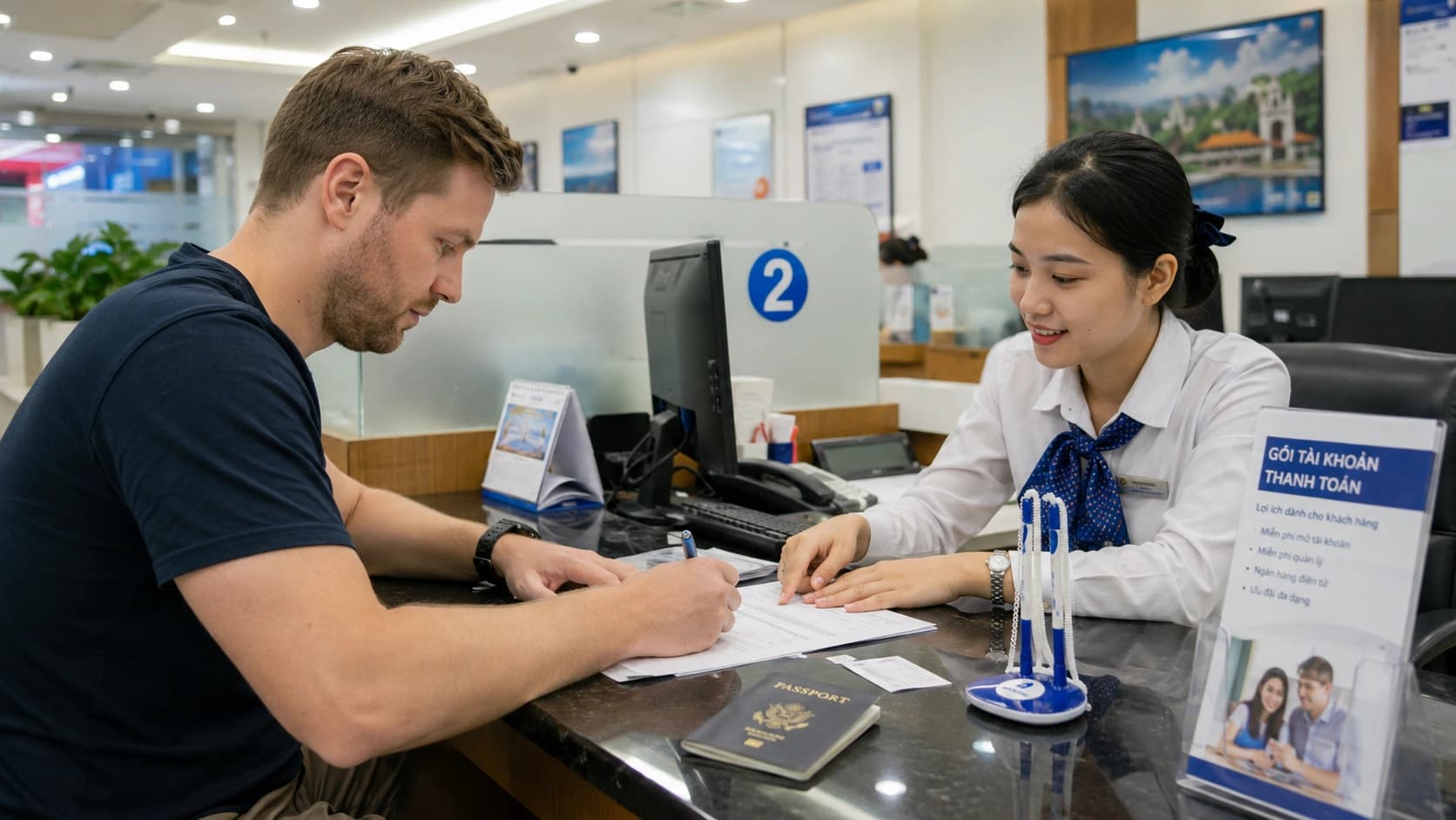 Documents nécessaires pour ouvrir un compte bancaire au Vietnam avec passeport, visa, téléphone et formulaire bancaire.