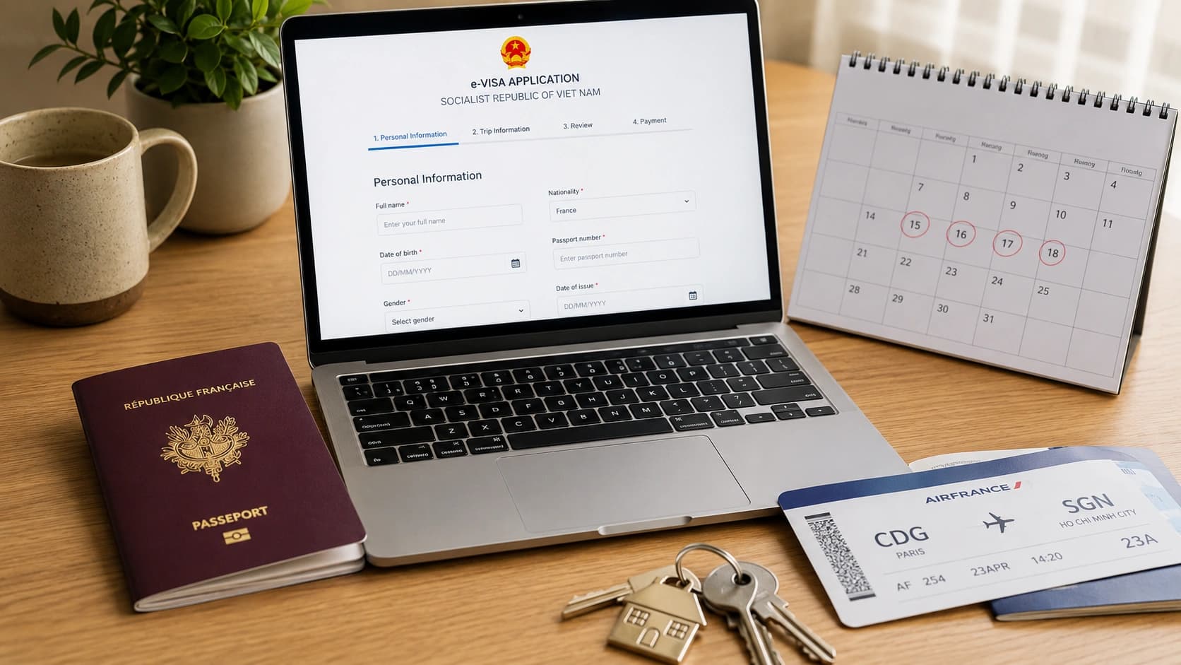 Passeport, calendrier et formulaire e-visa pour préparer un séjour au Vietnam avant de signer un logement.