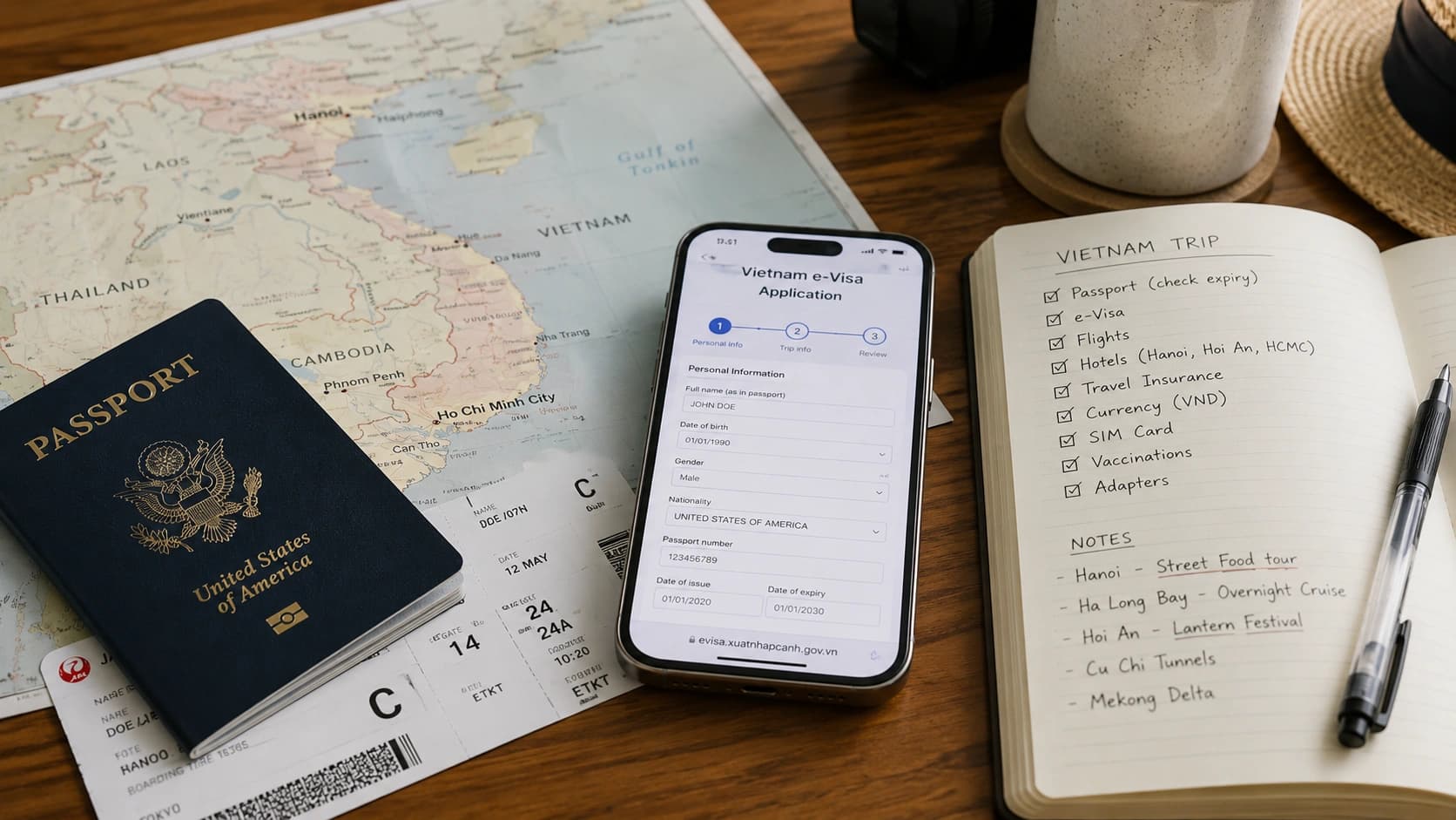 Passeport, formulaire de visa et carte du Vietnam pour préparer les priorités d’un séjour avant l’installation.