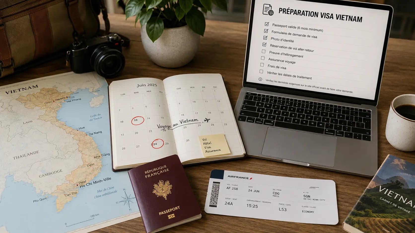 Passeport, calendrier et carte du Vietnam pour anticiper un renouvellement de visa ou une sortie du territoire.