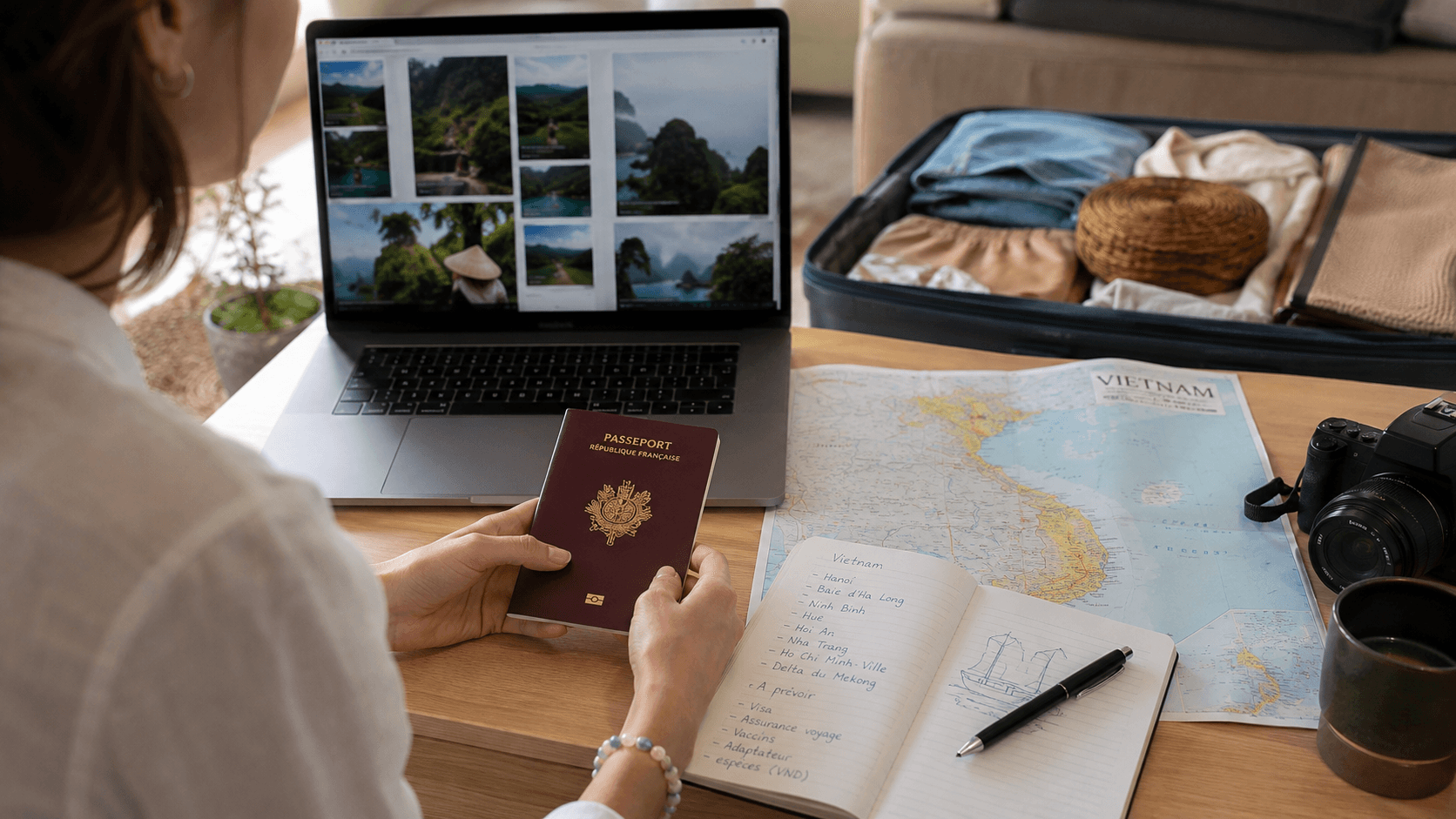 Préparation d’une installation au Vietnam avec passeport, carte, ordinateur et checklist administrative.