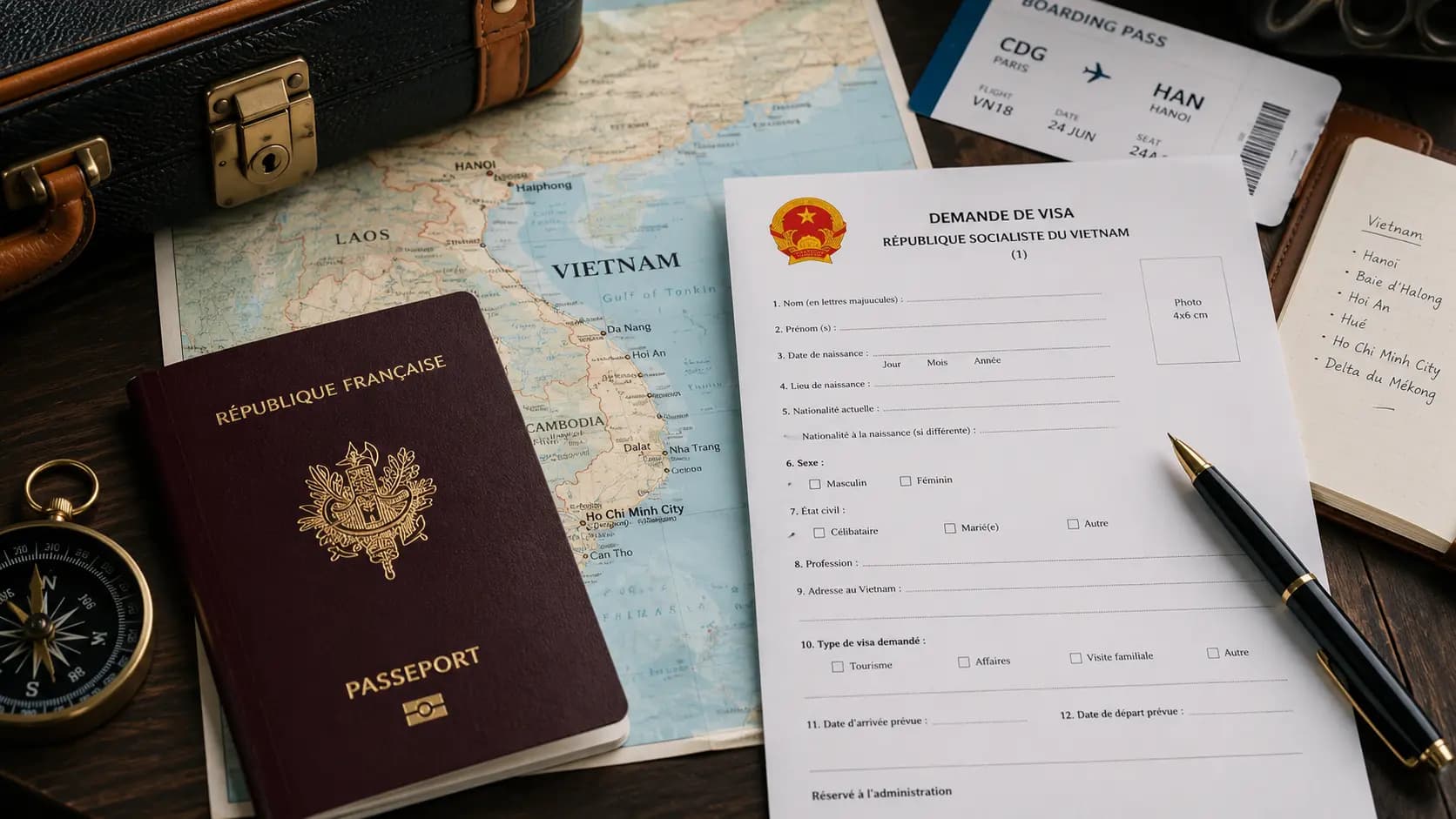 Passeport et documents de voyage pour préparer son visa au Vietnam.