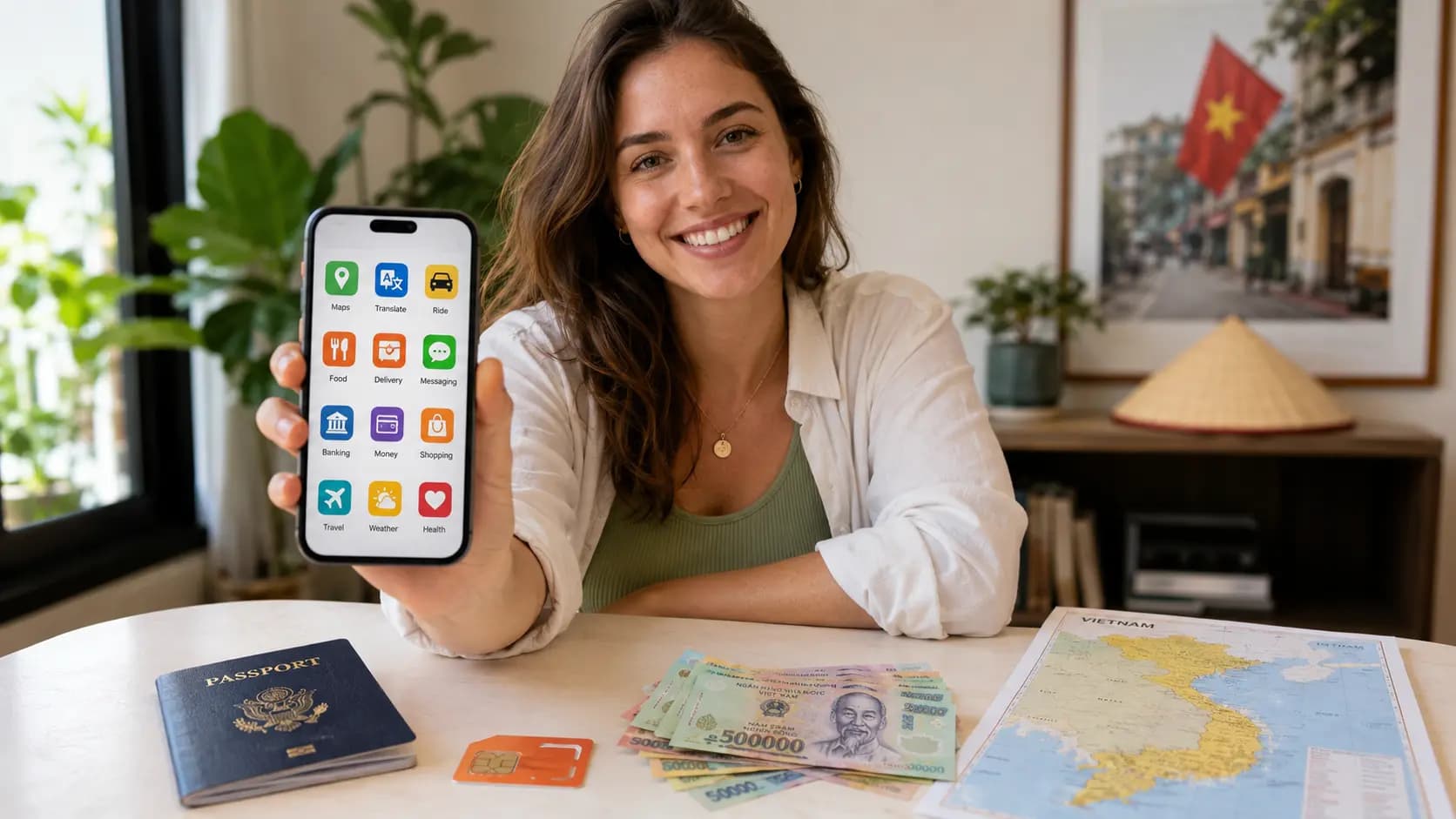 Smartphone avec applications utiles au Vietnam, passeport, carte SIM vietnamienne et documents administratifs.