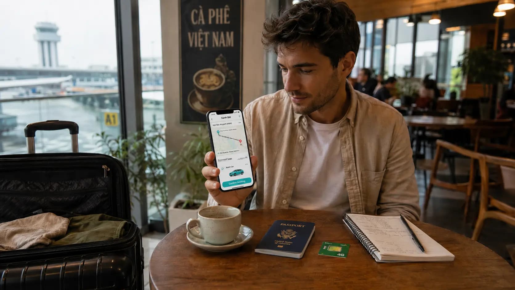 Checklist d’arrivée au Vietnam avec passeport, carte SIM, clés de logement, calendrier et carte du pays.