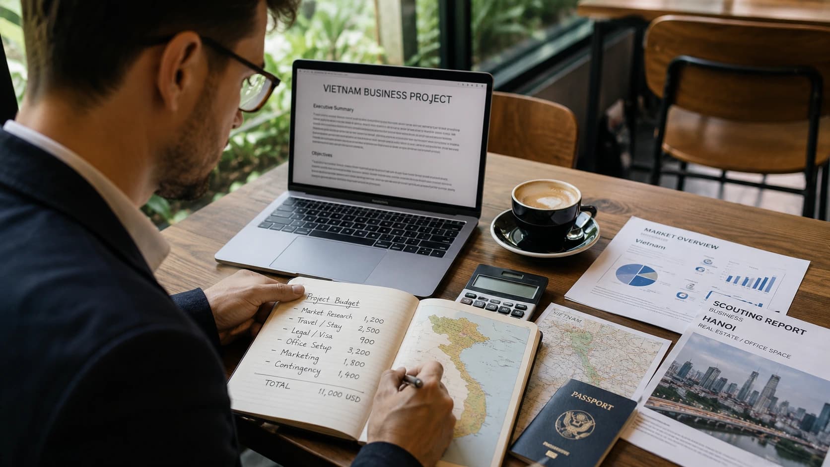 Préparation du budget d’un entrepreneur avant création de société au Vietnam avec ordinateur, passeport, carte du pays et documents business.