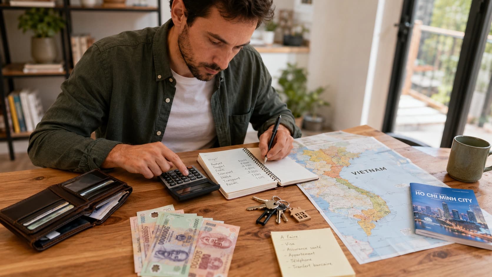 Budget d’installation au Vietnam sur 90 jours avec passeport, calculatrice, contrat de logement, clés et billets vietnamiens.
