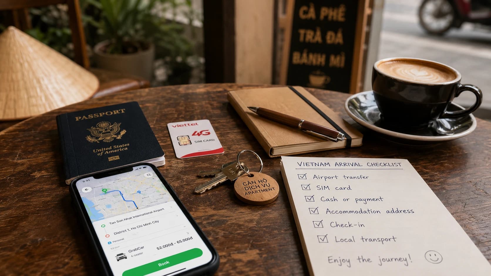 Checklist d’arrivée au Vietnam avec passeport, carte SIM, clés de logement et calendrier de visa.