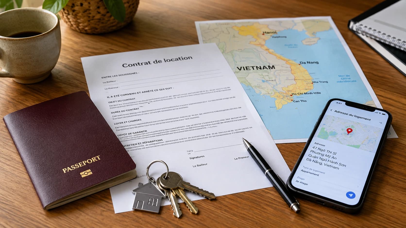 Passeport, clés et contrat de logement pour déclarer une résidence temporaire au Vietnam.