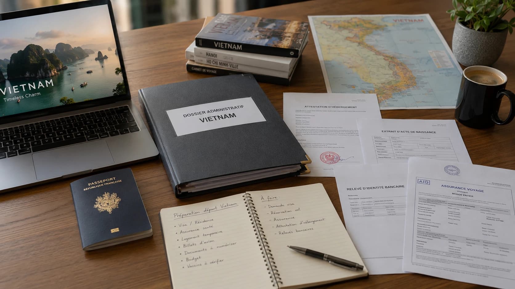 Dossier de documents administratifs pour préparer une installation au Vietnam avec passeport, visa et carte du pays.