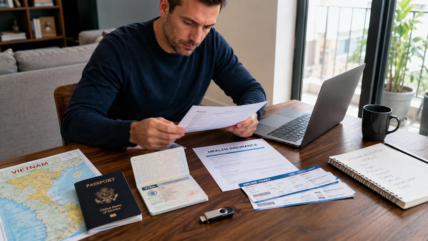 Dossier de documents à préparer avant un départ au Vietnam avec passeport, visa, assurance, billets et checklist.