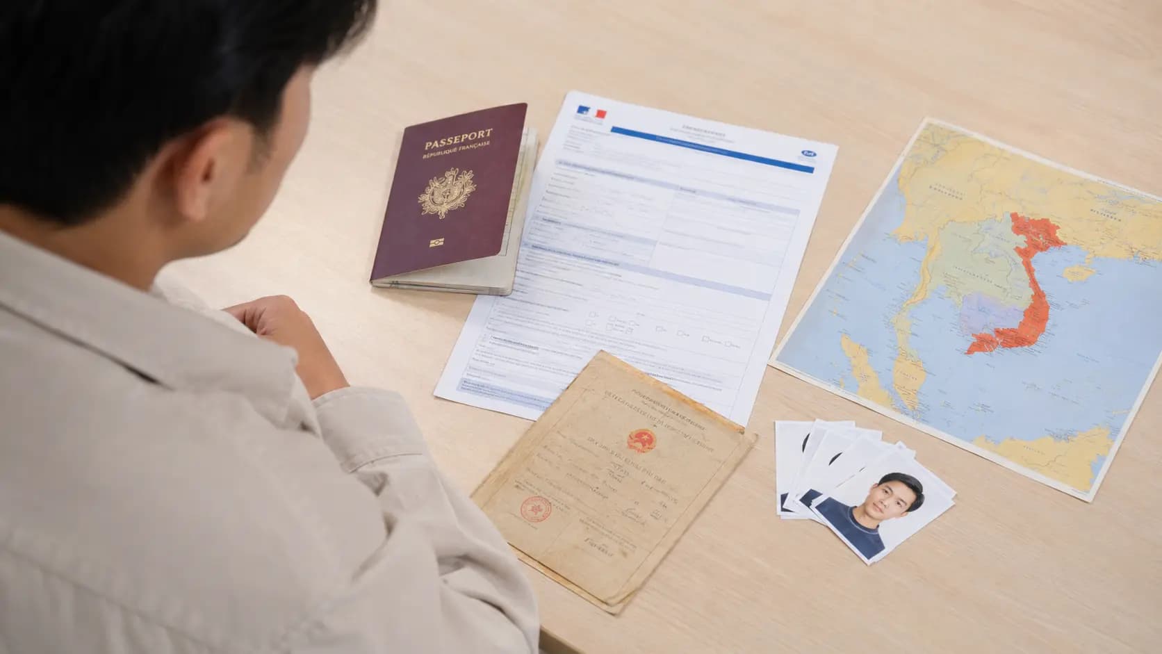 Dossier d’exemption de visa 5 ans pour un Français d’origine vietnamienne avec passeport, formulaire, photos et documents d’origine vietnamienne