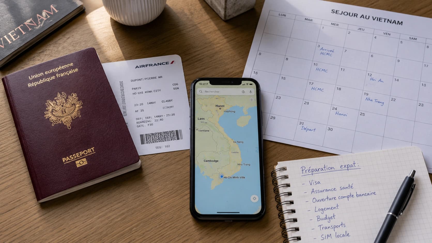 Passeport français, calendrier de séjour et carte du Vietnam pour préparer une entrée sans visa.