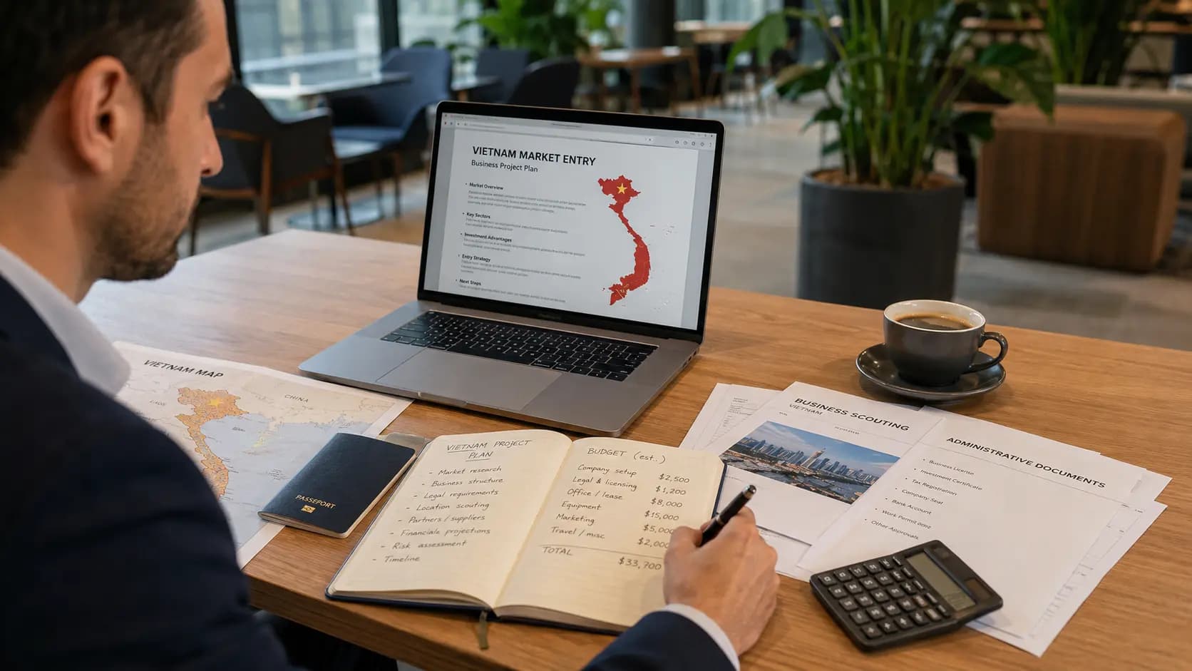 Entrepreneur préparant un projet d’activité au Vietnam avec ordinateur, passeport, documents administratifs et carte du pays.