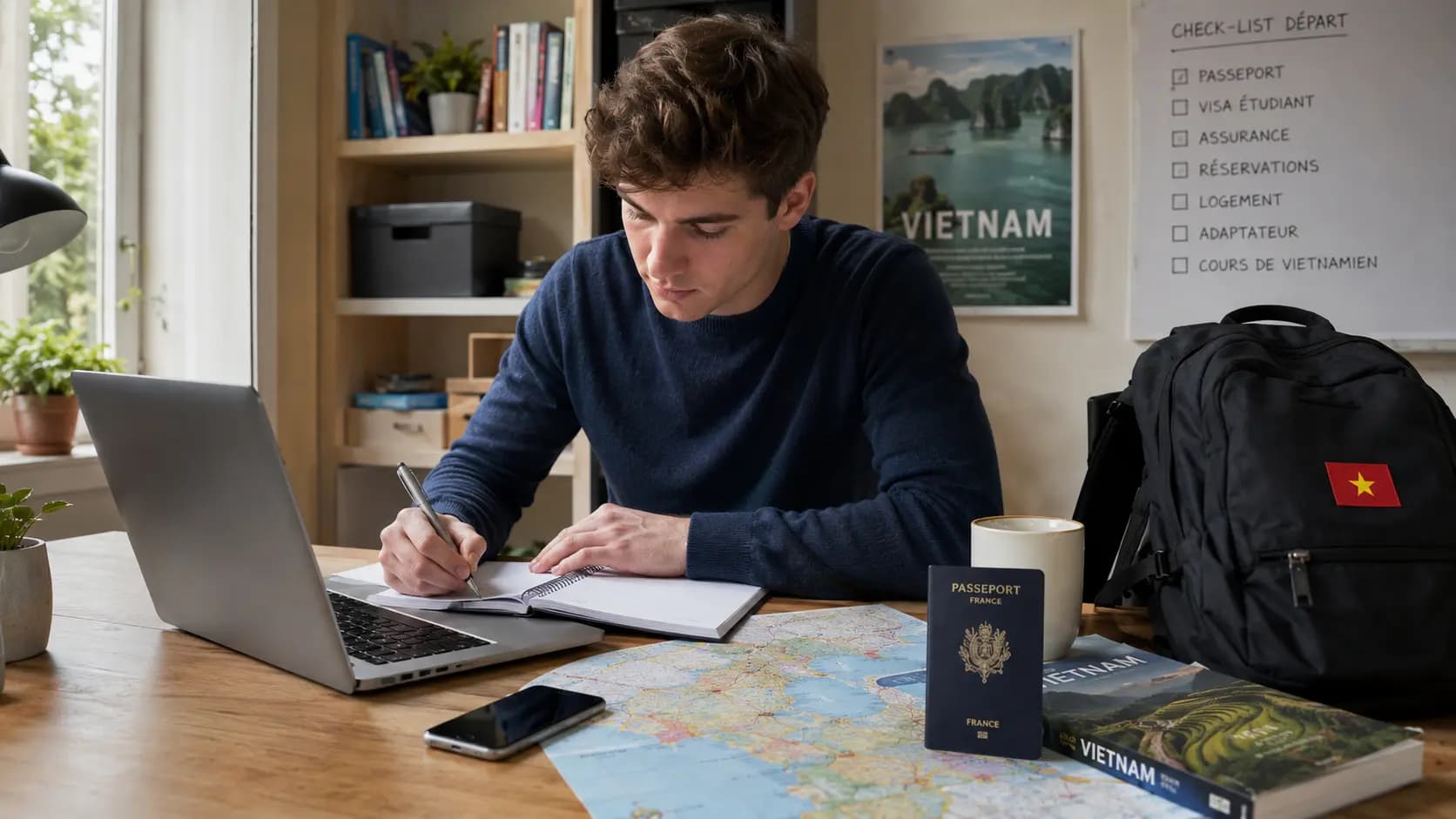 Étudiant préparant un projet d’études ou de stage au Vietnam avec passeport, budget et documents administratifs.