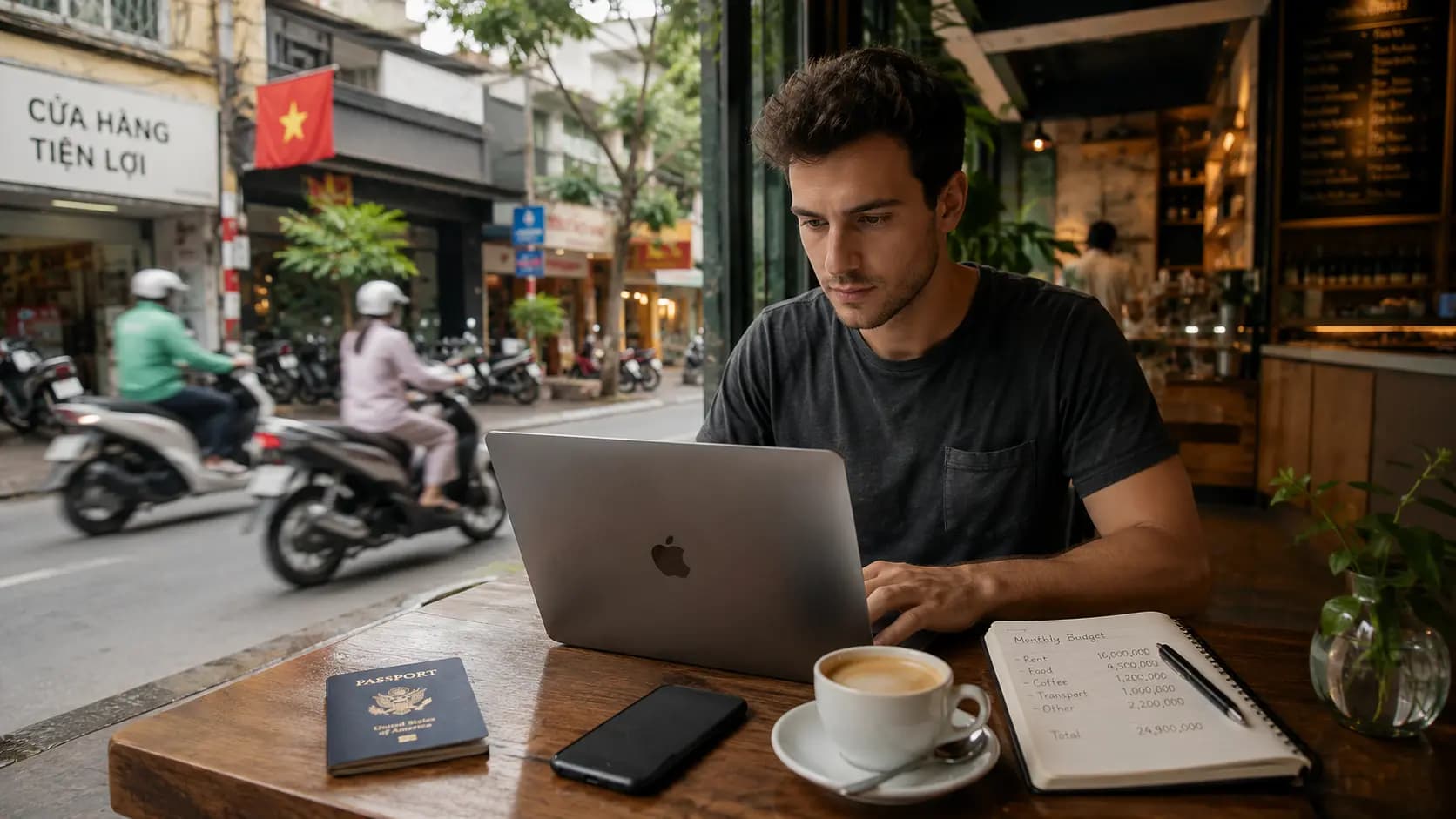 Freelance travaillant à distance au Vietnam avec ordinateur, passeport, téléphone et checklist d’installation.