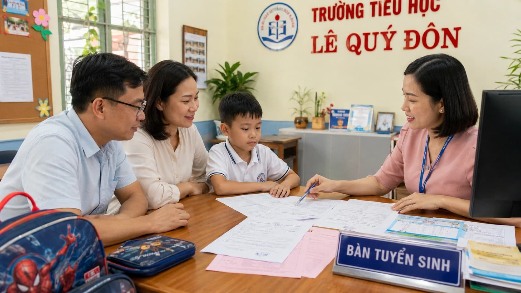 Dossier d’inscription scolaire pour un enfant au Vietnam avec passeport, cartable, documents scolaires et carnet de vaccination.