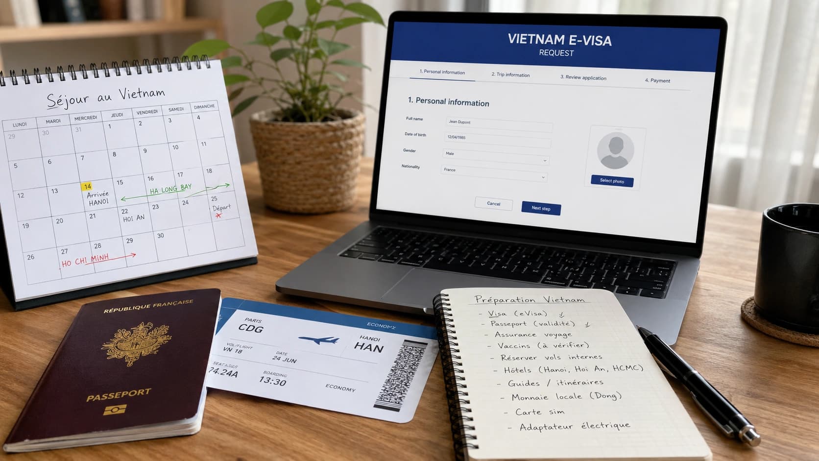 Passeport français et demande d’e-Visa Vietnam avec calendrier de séjour et billet d’avion.