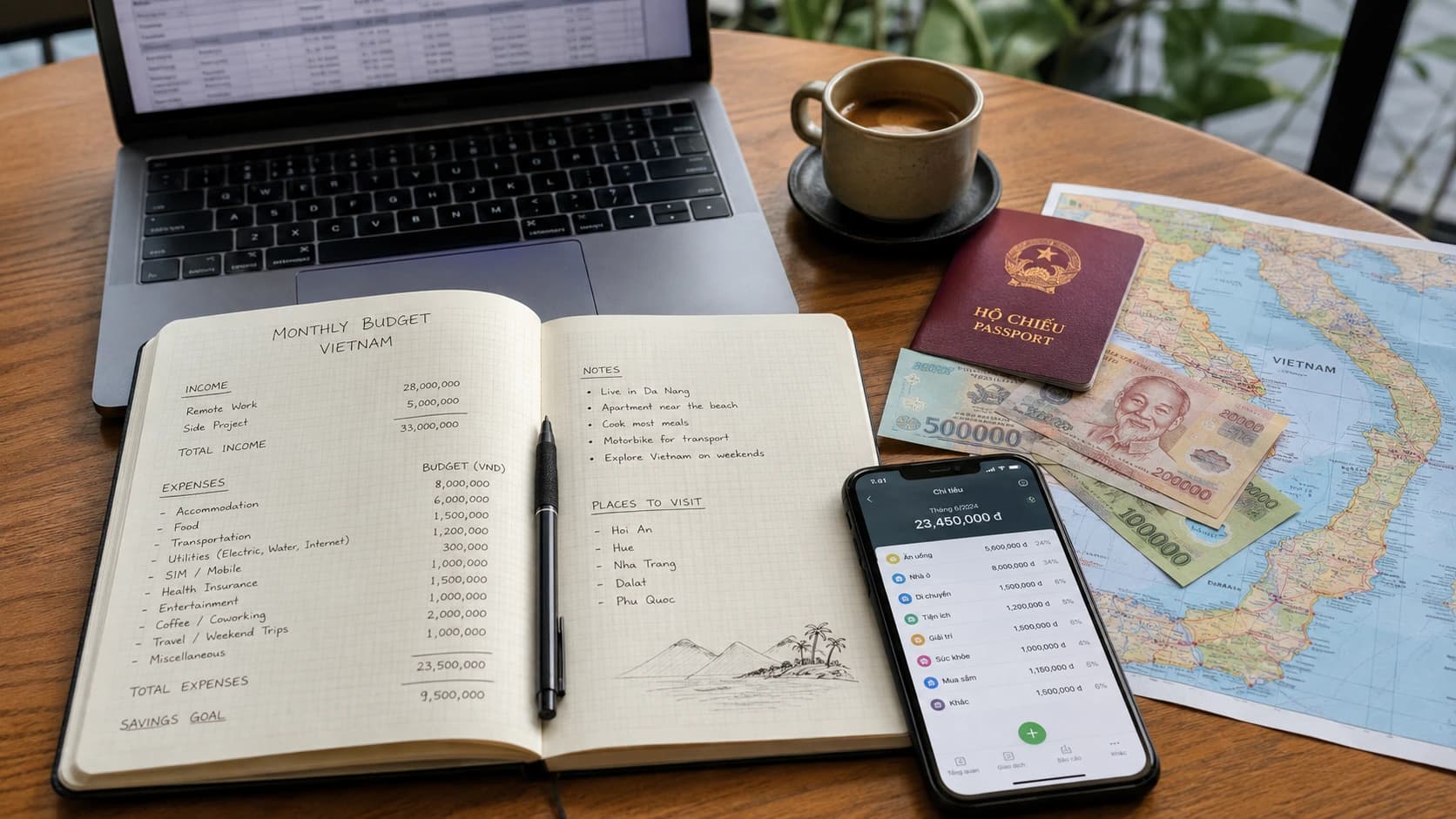 Préparation d’un budget mensuel pour vivre au Vietnam avec calculatrice, billets vietnamiens, passeport et checklist.