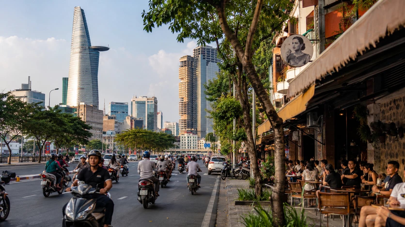 Vue urbaine de Ho Chi Minh-Ville avec scooters, immeubles modernes et préparation d’une installation au Vietnam.