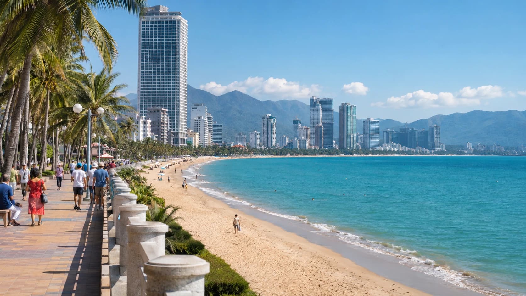 Vue de Nha Trang avec plage, immeubles modernes et préparation d’une installation au Vietnam.