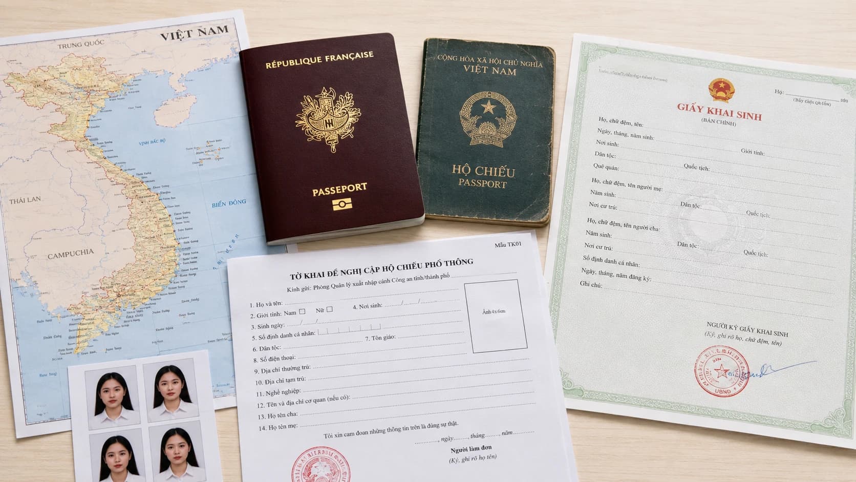 Dossier de demande de nationalité vietnamienne pour un Viet Kieu avec passeport français, documents vietnamiens et formulaires officiels.